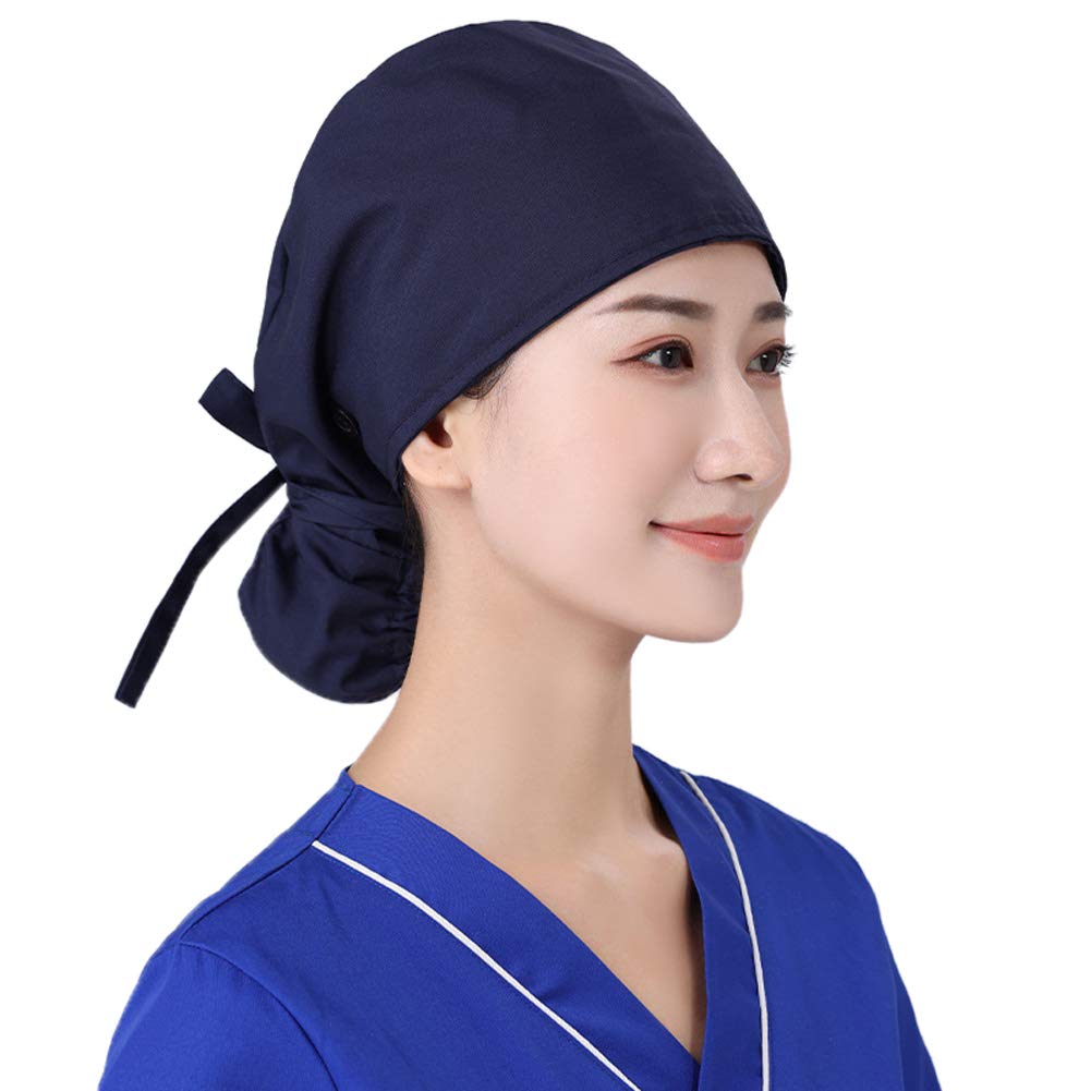 Deluxe Scrub Cap with Buttons Long Hair Bouffant Hat with Sweatband Adjustable Cotton Turban Head Cover Hair Nets Covering Skull cap for Hospital Workshop Home Beauty Catering (Plain Dark Blue)