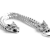 LangHong Norse Viking Stainless Steel Men's Link Bracelet Punk Wolf Head Curb Chain Bracelet 7.4 8.2 9 inches