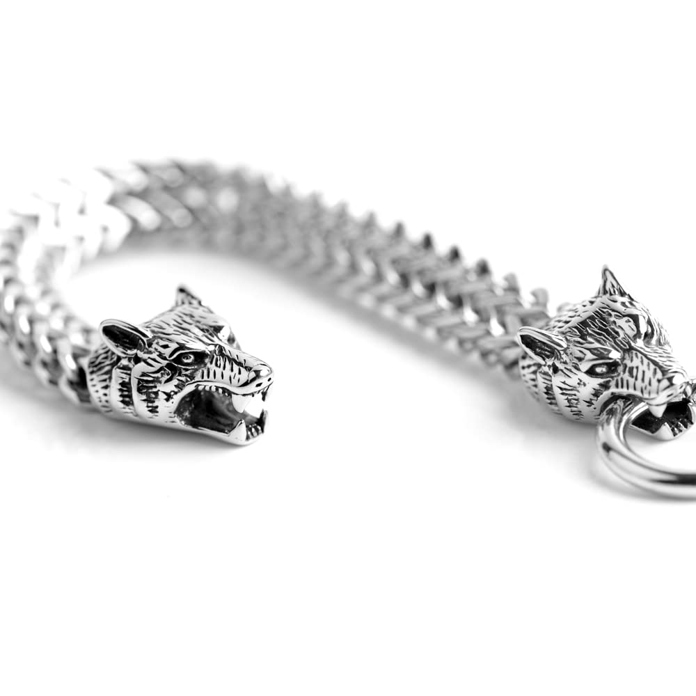 Norse Viking Stainless Steel Men's Link Bracelet Punk Wolf Head Curb Chain Bracelet 7.4 8.2 9 inches
