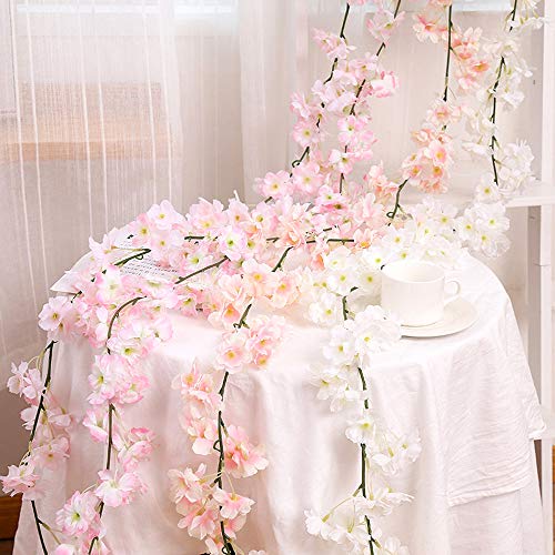 Lmeison Artificial Cherry Blossom, Fake Cherry Blossom Flowers White Hanging Vine Silk Garland Wreath for Wedding Arch Decor Wedding Party Decor, 3 Pack