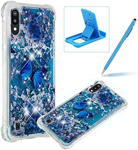 Herzzer Liquid TPU Case for Samsung Galaxy M10/A10,Shock-Absorbing Glitter Rubber Case for Samsung Galaxy M10/A10, Stylish Ultra Slim Blue Butterfly Pattern Sparkly Quicksand Sequins Soft Cover