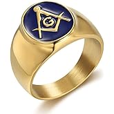 INRENG Stainless Steel Gold Plated Freemason Masonic Rings for Men Women Blue G Lodge Master Mason Signet Band