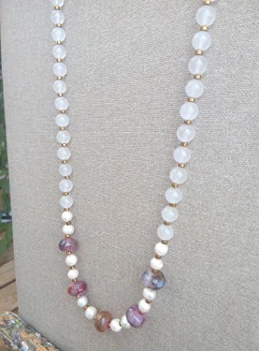 Romantic Love Necklace Pearls Roze Quartz Beaded Jewelry Artisan Necklace Long Necklace 26 Inch Colorful Mix Semiprecious Beads Gemstones