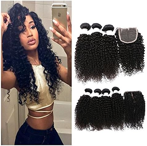 Etino Brazilian Curly Virgin Hair with Closure Unprocessed Brazilian Curly Virgin Human Hair Weave 3 Bundles with Lace Closure 4x4 Lace Top Closure (16"18"20"+16"closure)