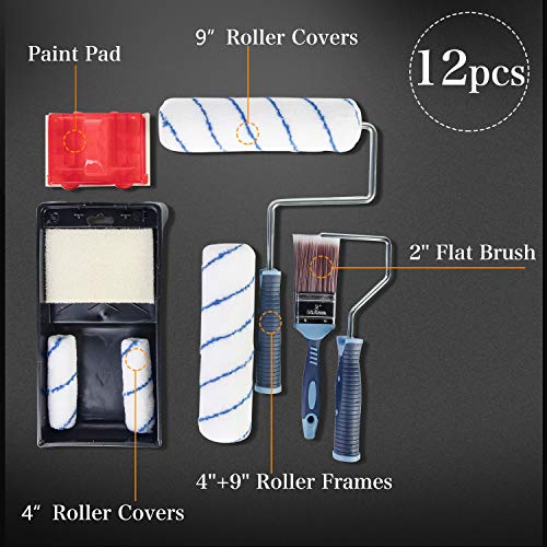ETERNA Paint Tray Set,12-Piece Painting Roller Kit,Painting Rollers,Brushes,Covers,Frames,Tray,12Pcs Kit for House Decorating DIY Walls Ceiling