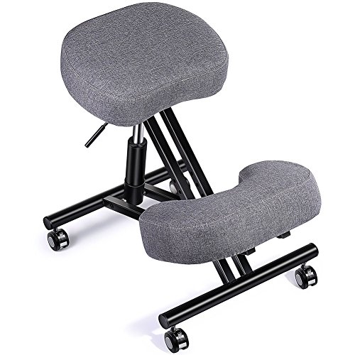 Adjustable Kneeling Chair, Superjare Ergonomic Working Stool W/ 4” Cushion for Office Or Home - Ideal for Neck, Spine, Back Problems - Dark Gray (Cotton & Linen)