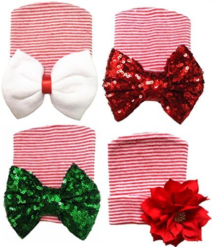 Ademoo 4pcs Newborn Baby Girl Nursery Beanie Hospital Hat Red Stripe with Bow