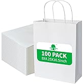 Klean & Conwenice Paper Gift Bags with Handles, 8x4.25x10.5 100Pcs White Bags Bulk, Medium Size Kraft Paper Bags, Wedding Gift Bag, Goody Party Favor, Retail Merchandise, Grocery Shopping