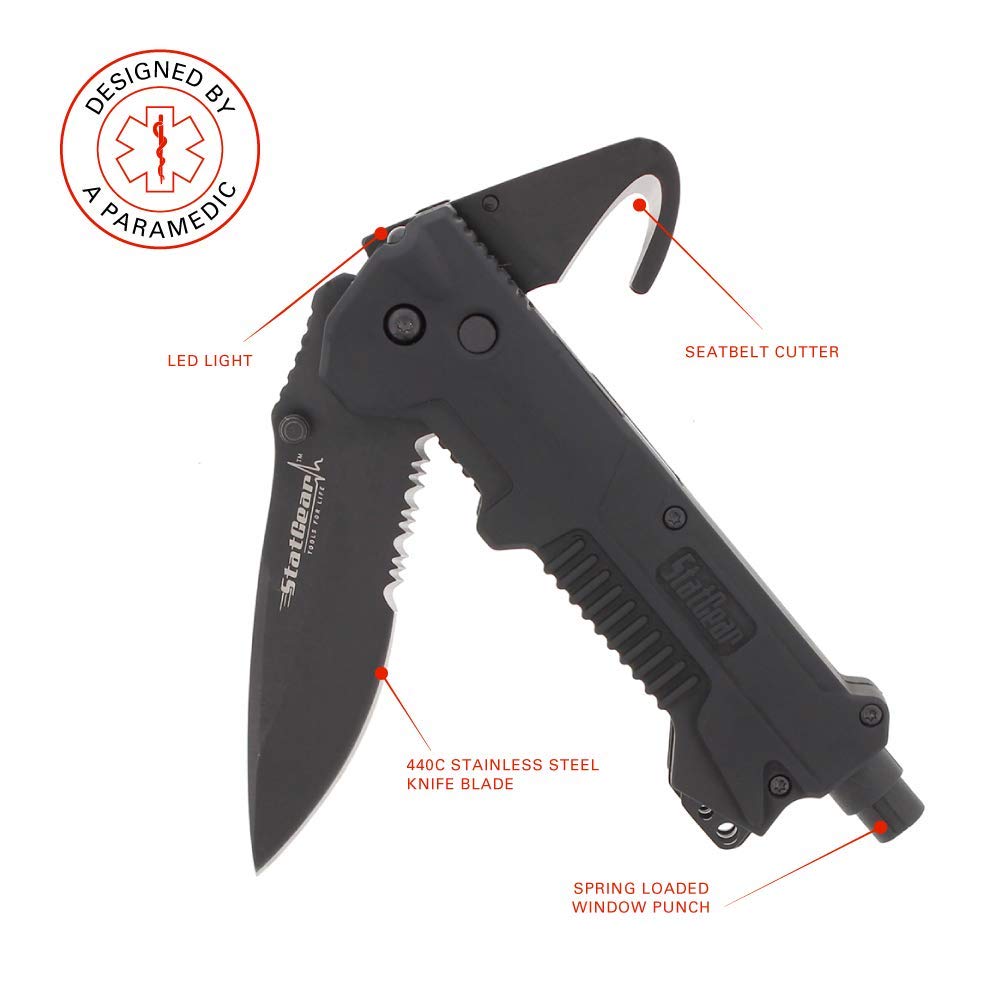 StatGear T3 Tactical Auto Rescue Tool knife, seatbelt cutter, spring