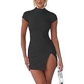 NADIA FRACA Women's 2024 Summer Sexy Short Sleeve Mock Neck Cut Out Backless Side Slit Drawstring Bodycon Mini Dress Clubwear