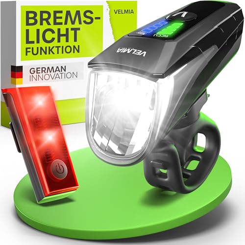 Velmia LED Fahrradlichter Set StVZO zugelassen mit USB Akku-Betrieb und 8,5h Leuchtdauer I regenfest und aufladbar Licht, Fahrrad Zubehör, vorne + rüc