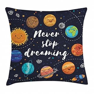 Ambesonne Saying Throw Pillow Cushion Cover, Outer Space Planets Star Cluster Solar System Moon Comets Sun Cosmos Illustration, Decorative Square Accent Pillow Case, 28″ X 28″, Navy Orange
