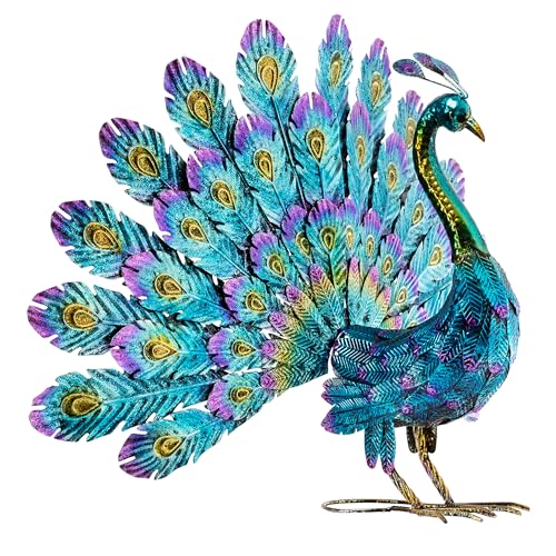 Alpine Corporation 23" Tall Outdoor Metal Peacock Statue, Multicolor