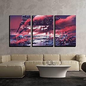 3 Piece Canvas Wall Art - Sci-Fi Scene of Industrial City,Illustration Painting - Modern Home Art Stretched and Framed Ready to Hang - 16"x24"x3 Panels