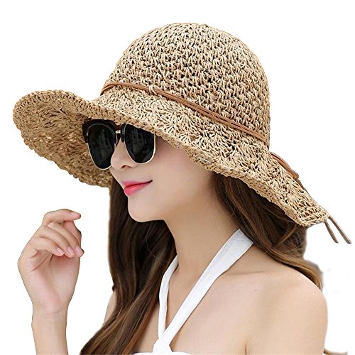 Women floppy hat hollow straw hat wide brown brim beach hat sun h…