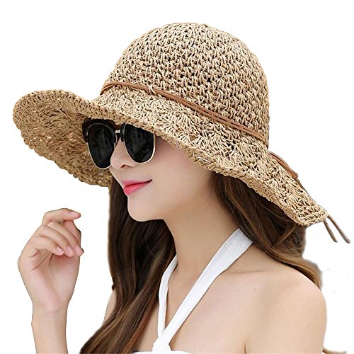 Women Floppy Hat Hollow Straw Hat Wide Brown Brim Beach Hat Sun Hat can be Folded