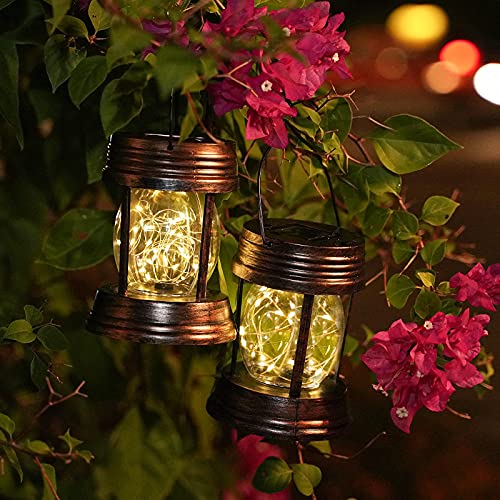 Solar Hanging Lanterns Outdoor - 2 Pack Outdoor Lanterns For Patio Waterproof - 30 LEDs Fairy String Lights Outdoor Table Lamp For Outside Garden Porch Patio Yard Wall Tree Coach Decorative (Warm)