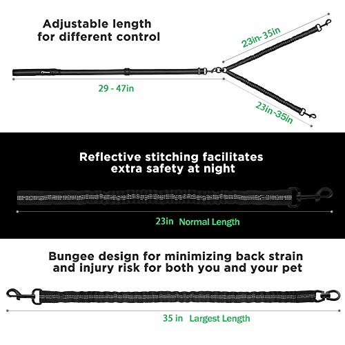 Peteast Double Dog Leash, Adjustable Heavy Duty Double Leash for Dogs Dual Dog Leash 360°Tangle Free & Soft Handle Two Dog Leash, Walking & Training Leash Two Dogs