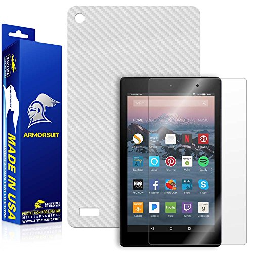 ArmorSuit - All-New Fire 7 Screen Protector (2017 Release) + White Carbon Fiber Skin Back Protector MilitaryShield w/ Lifetime Replacements - Front Anti-Bubble Ultra HD Shield