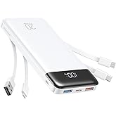 charmast 20000mAh Portable Charger with Built in Cables, 22.5W Travel Power Bank Fast Charging, USB C Cell Phone Battery Pack for iPhone 16/15/14/13/12/11 Series, iPad, Samsung, Android, Tablet