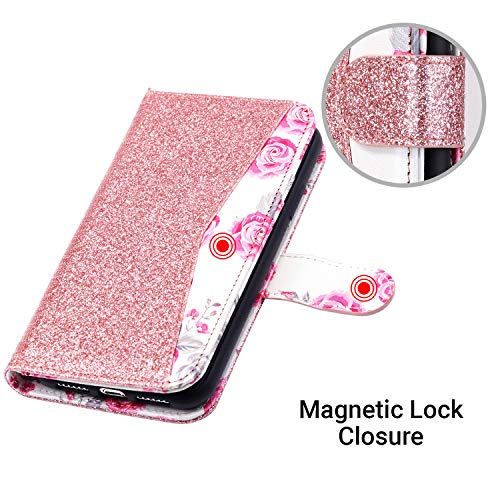 ULAK iPhone Xs Max Wallet Case, Premium PU Leather Case with Kickstand Card Holder ID Slot and Wristlet Shockproof Bling Glitter Protective Cover for Apple iPhone Xs Max (2018) - Rose Gold