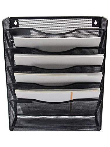 Klickpick Office 5 Sections Hanging Files Wall Mounted Metal Mesh Document File Organizer Magazine Holder Rack Desk Organizer Racks Multipurpose Use To Display File(Black, 5 tray wall racks New style) - Thumbnail 4