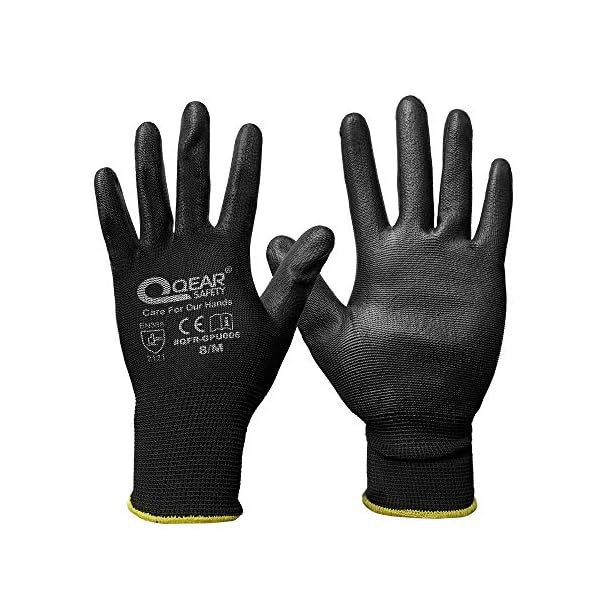 QEARSAFETY 12 Paar PU-beschichtete Arbeitshandschuhe, gestricktes Innenfutter, multifunktional, leicht, dÃ¼nn und atmungsaktiv (7/S, schwarz)