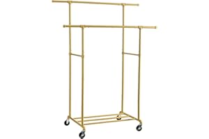 FOUCSSOMEI Heavy Duty Clothes Rack, Rolling Clothes Rack, Clothing Rack with Wheels,Clothing Hanger Organizer, Double Rod, Max 400Lbs, for Closet Bedroom Yard Sale, Commercial Grade, Gold