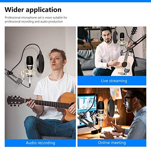 Neewer Condenser Microphone Equipment – NW-700 Mic(Black), NW-35 Suspension Growth Scissor Arm Stand with Mount Clamp, Shock Mount (Silver), and Pop Filter for House Studio Studio Broadcasting Recording