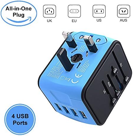 YYYux International Travel Power Adapter With 4 USB Ports &amp; All In One Worldwide AC Wall Outlet Plugs for EU, UK, US, AUS, Italy, Asia, Etc (blue)