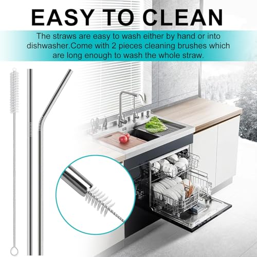 T Tersely 13pcs Reusable 304 Stainless Steel Straws- Various Metal Straws with 4 Straight 5 Bent 2 Boba Straws 2 Cleaning Brushes - Eco Friendly Drinking Straws (Silver)