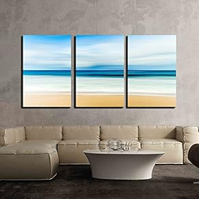 3 Piece Canvas Wall Art - Light Blue Sky and Seashore - Modern Home Art Stretched and Framed Ready to Hang - 16"x24"x3 Panels