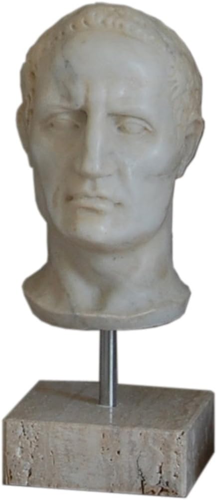 Caesar Head sculpted in Carrara marble on a travertine base