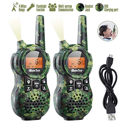 iBaseToy Walkie Talkies for Kids, Rechargeable Walkie Talkies with 22 Channels, 4-Miles Range Radio with Flashlight, LCD Screen and Charging line for Outdoor Adventures, Camping, Hiking - 2 Pack