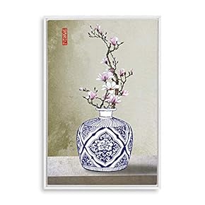 Framed Canvas Wall Art for Living Room, Bedroom Blue and White Porcelain Canvas Prints for Modern Home Decoration Ready to Hang - 16"x24" inches