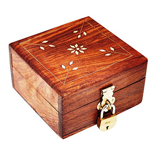 Great Birthday Gift Ideas Handmade Decorative Wooden Jewelry Box With Free Lock & Key Jewelry Organizer Keepsake Box Treasure Chest Trinket Holder Lock Box Watch Box 4 x 4 Inch Anniversary Gifts Her