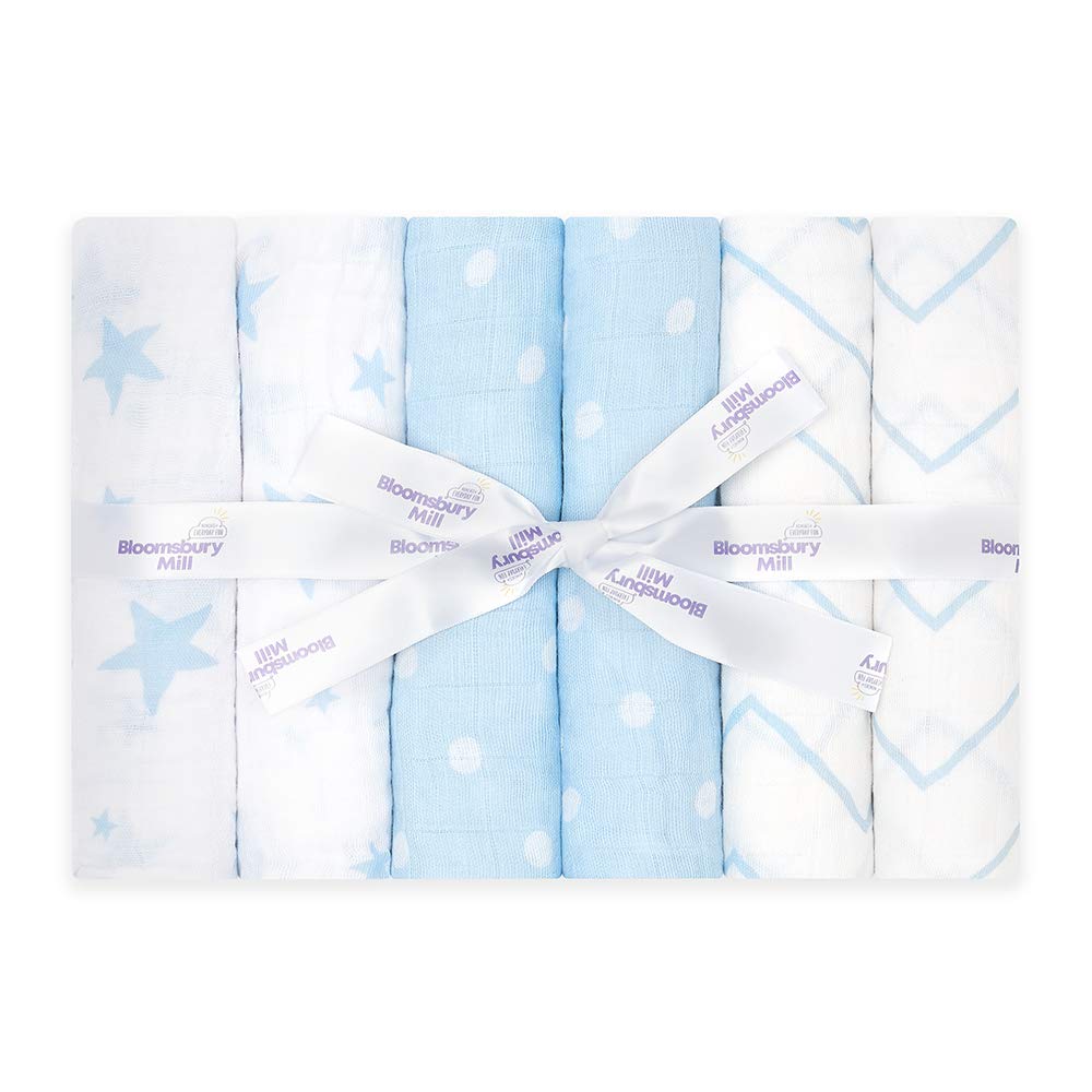 Bloomsbury Mill - Muslin Cloths for Baby - Soft 100% Organic Cotton Muslin Squares - Baby Muslins Pack of 6 - Large Burp Cloths - Baby Essentials For Newborn - Blue & White - 70x70cm