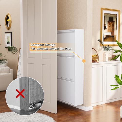 Shoe Cabinet Storage for Entryway, Narrow Shoe Storage Cabinet for Entryway Slim, White Metal Shoe Cabinet with 3 Flip Drawers, Wall Mounted