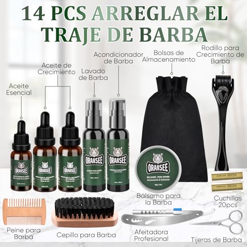 OranSee Kit Cuidado Barba 14 en 1 para Hombre, Incluye Aceite, Bálsamo, Champú, Rodillo Microagujas, 2 Cajas de Hojas, Maquinilla Plumas, Mejor Regalo Perfecto Originales para Hombre o Papa