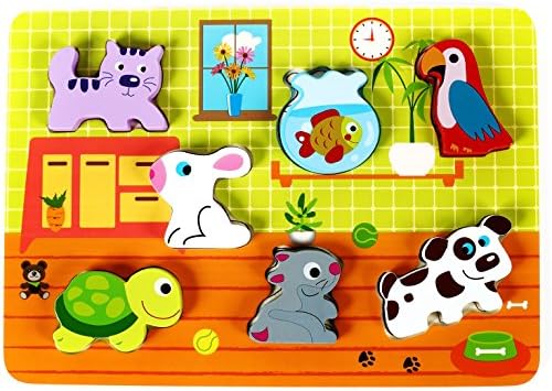 Cute Pets Baby Animal Chunky Wooden Puzzle for Toddlers, Preschool Age w/ "Easy-Hold" Colorful Solid Wood Pieces. Simple Educational &amp; Sensory Learning for 1, 2 &amp; 3 Year Olds