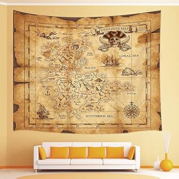 JAWO Island Map Tapestry, Old Pirates Treasure Map Nautical Wall Tapestry, Tapestry Wall Hanging for Bedroom Living Room Dorm 71X60Inches