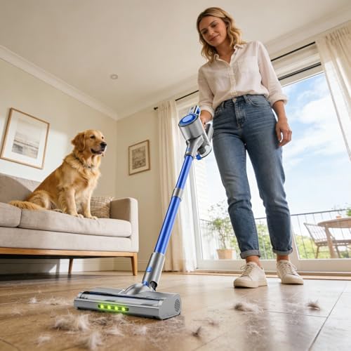 Honki Cordless Vacuum Cleaner for Home, Powerful Stick Vacuum with Rechargeable Battery, Green Light Anti-Tangle Brush, 6-in-1 Lightweight Handheld Vacuum for Pet Hair, Hard Floor, Carpet, Blue