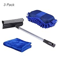 Carperipher Car Wash Kit Cleaning Tool 2 in 1 Sponge Squeegee Wiper with Rubber Silicone Blade, 32.7inch Extension Handle Pole, Soft Chenille Microfiber Absorbent Wash Sponge, Premium Towel Duster