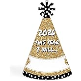 Big Dot of Happiness Pop, Fizz, Clink! - Cone Party Hats - 2026 New Year's Eve Resolution Cone Party Hat for Kids and Adults - Set of 8 (Standard Size)