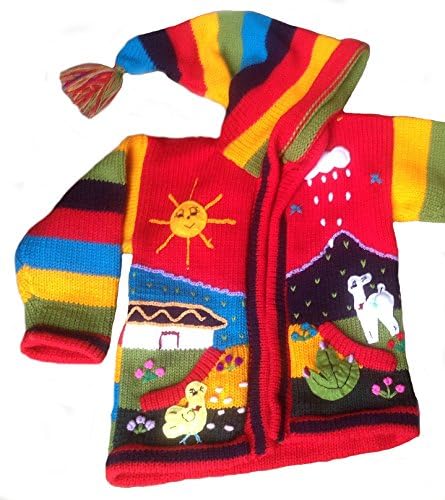 Alpakaandmore Unisex Toddler Hooded Cardigan, Peru Hand- Embroidered Country Motives (2 Years)