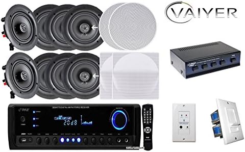 Vaiyerkits Home Theater Kit: (8) in-Wall/in-Ceiling 150 Watt Speakers (1) Stereo Speaker Selector (4) Wall-Mount Volume Controls (1) Home Theater Receiver 300 Watts (1) in-Wall Bluetooth Receiver