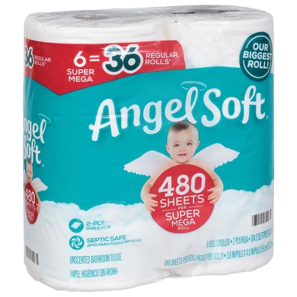 ANGEL SOFT UNSCENTED BATHROOM TISSUE SUPER MEGA ROLLS...