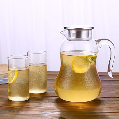 2 Litre Water Carafe Double Wall Glass Pitcher with Stainless Steel Flow Lid, Borosilicate Water Jug for Hot/Cold Water, Coffee, Ice Tea, Juice Beverage, Decanting and Serving Wine GYBL425