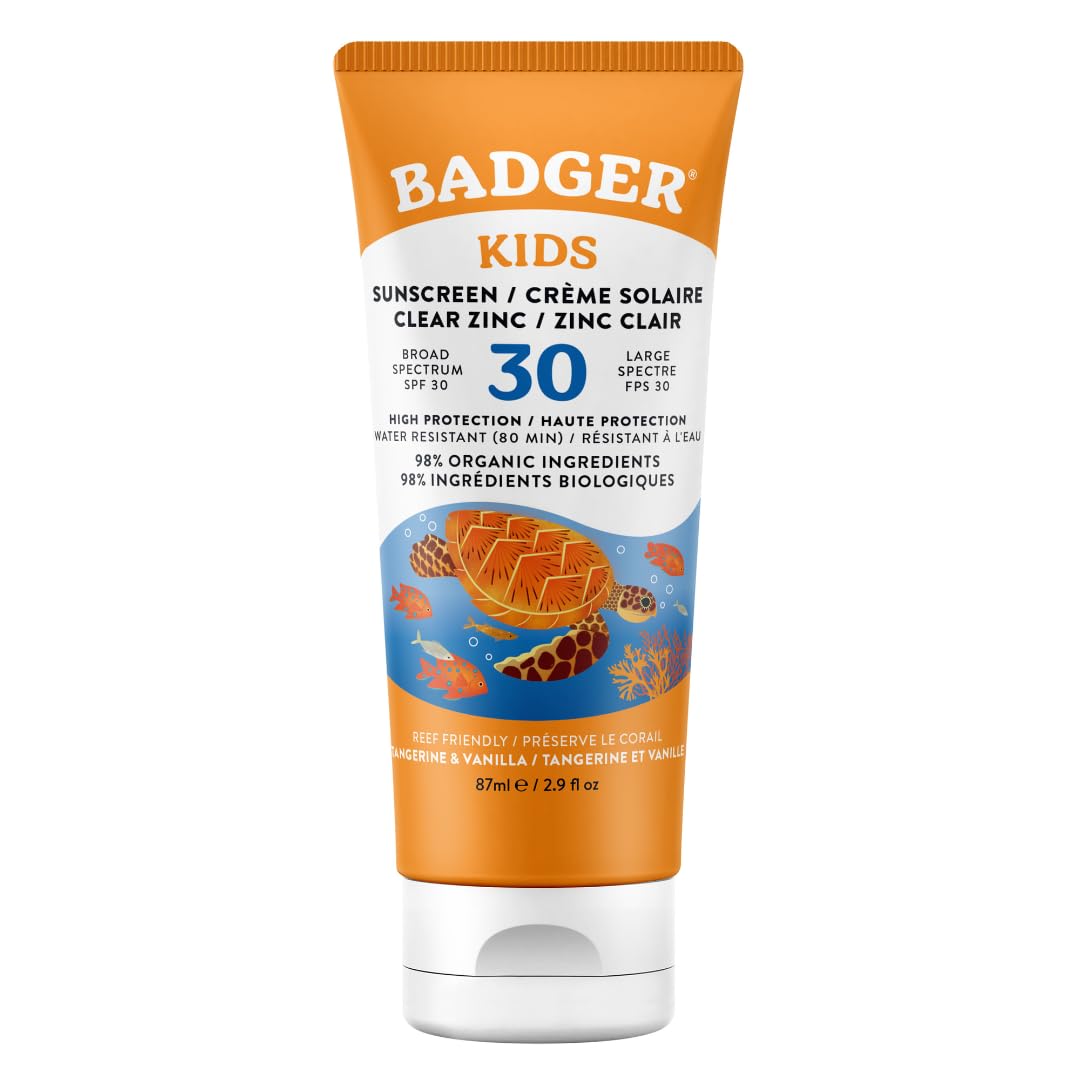 Badger Kids Organic Mineral Sunscreen SPF 30 | Zinc Oxide UVA/UVB Protection | Water Resistant Sun Cream for Face & Body | Pediatrician-Tested (87ml)