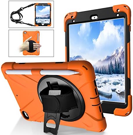 iPad Mini5 Case, iPad Mini4 Shockpoof Case, Heavy Duty Impact Resistant Drop Protection Rugged Protective Silicone Case with Pencil Holder Multi-Viewing Angle Stand Hand Strap Shoulder Strap Orange